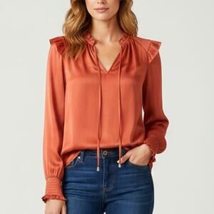 JOIE Satin Tie V-neck Ruffle Blouse Small Orange Copper Clay Top Long Sleeve